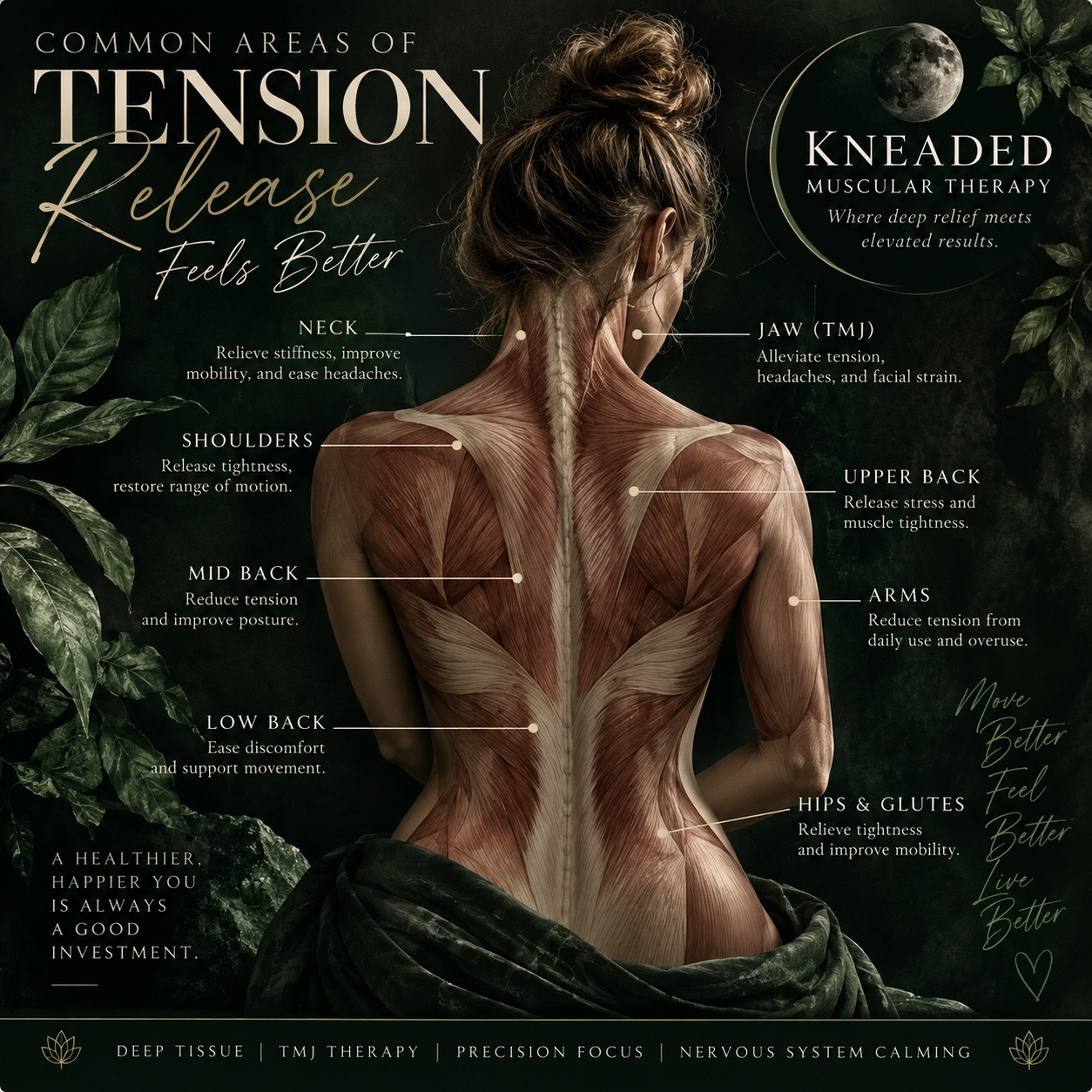 Common areas of tension: an illustrated back with labels for neck, jaw, shoulders, upper and mid back, arms, lower back, hips and glutes